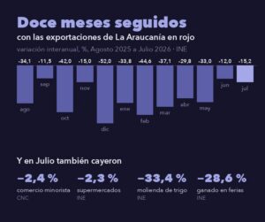 Doce barras hacia abajo, una por mes de agosto de 2025 a julio de 2026, con la variación interanual de las exportaciones de La Araucanía, todas negativas, y cuatro cifras más de julio.