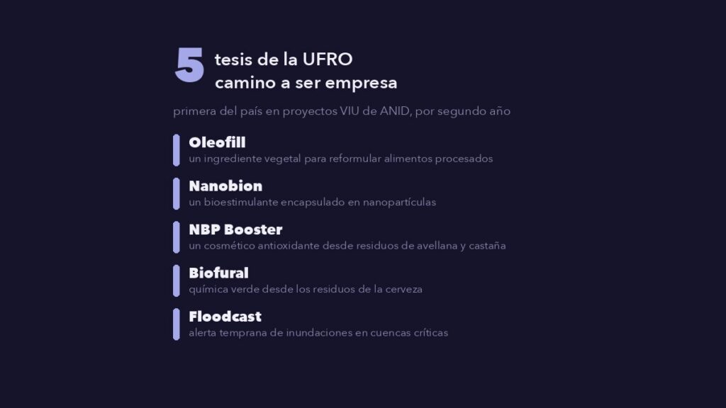 Los cinco proyectos VIU de la UFRO con una línea sobre lo que propone cada uno: Oleofill, Nanobion, NBP Booster, Biofural y Floodcast.